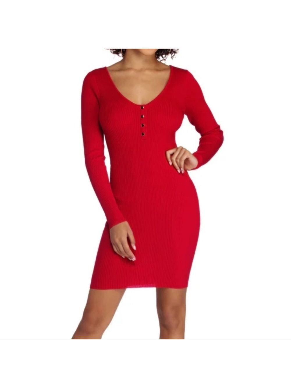 Fashion Nova Dress Long Sleeve Bodycon V Neck Ribbed Knit Mini Red, Medium Size